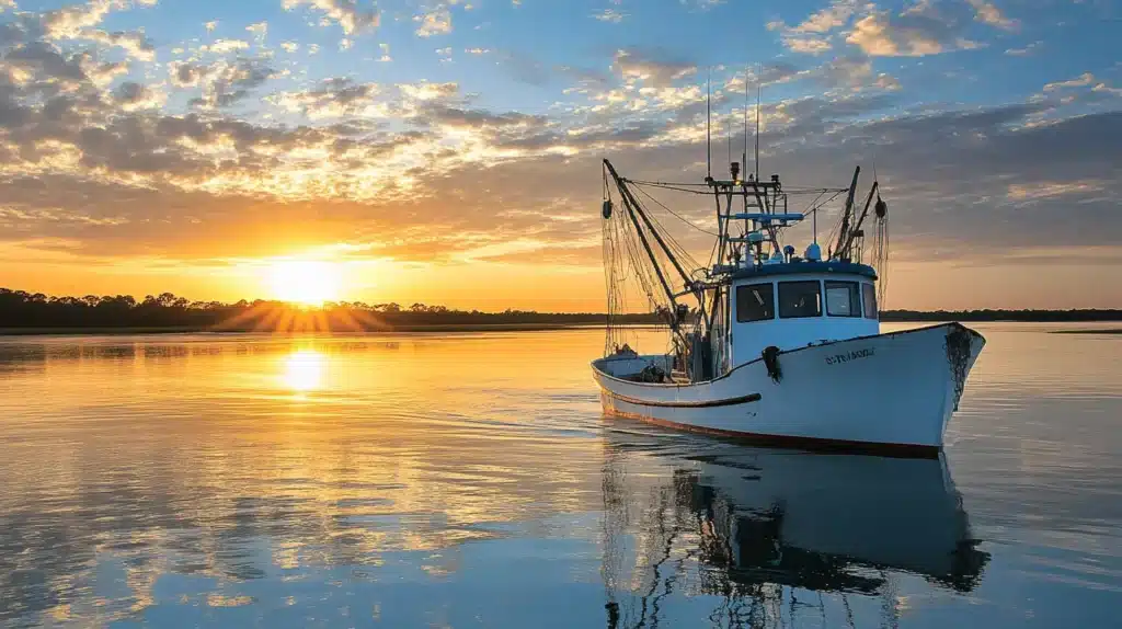 A fishing boat in coastal waters using sustainable fishing gear, set against a serene sunrise backdrop.